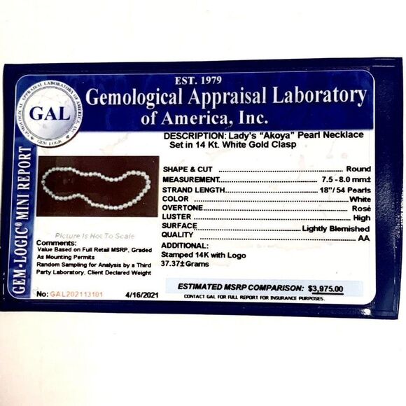 Akoya Pearl Necklace 14k Gold 18" 8.0 mm Certified $3,975 113101 - Picture 7 of 7